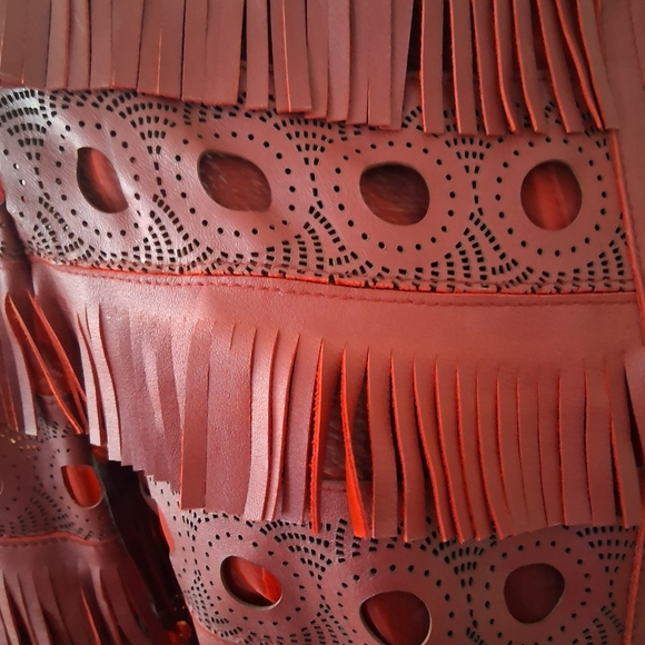 Wild Honey Red Leather Jacket with Fringe and Cutouts - Picture 3 of 8